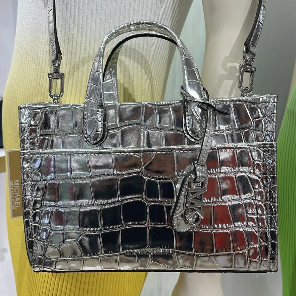 Michael Kors Gigi Small Metallic Crocodile Embossed Leather Messenger Bag Silver